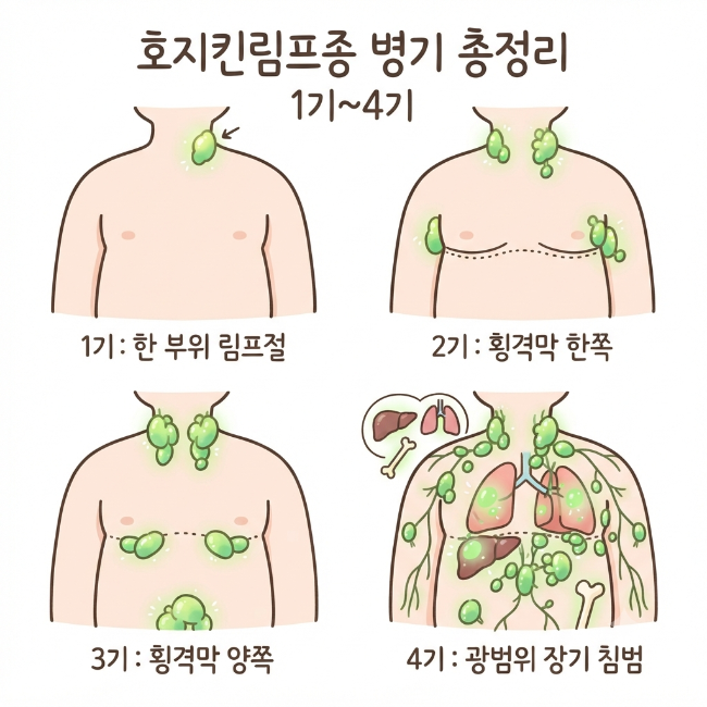 호지킨림프종 병기 총정리｜1기부터 4기까지 림프절 침범 범위와 전신 진행 정도