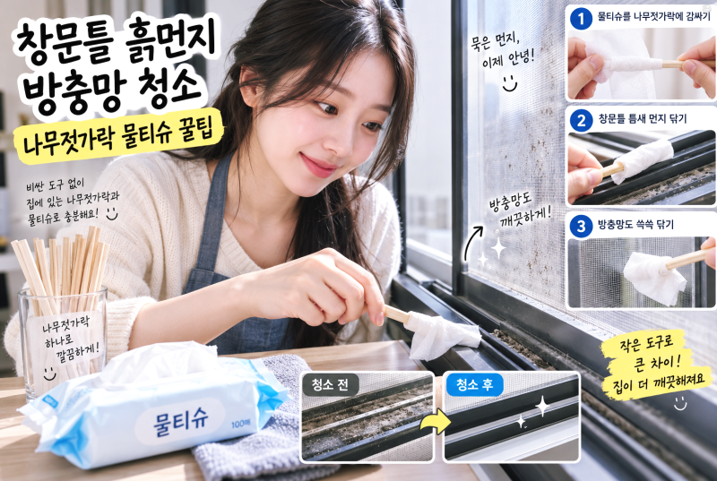 창문틀 흙먼지 방충망 청소: 나무젓가락 물티슈 꿀팁