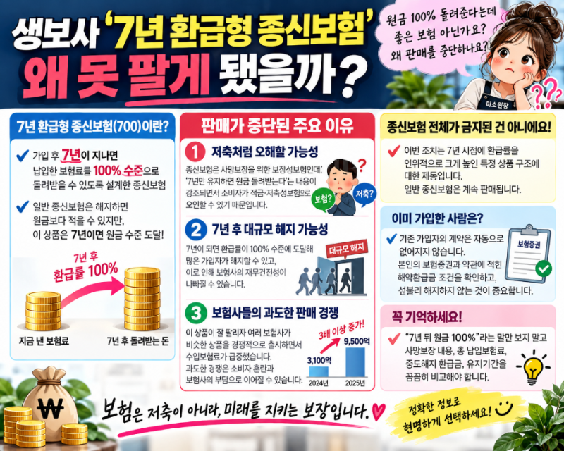 7년 환급형 종신보험 왜 판매 중단? 700 종신보험 원금 100%인데 왜 못 팔까