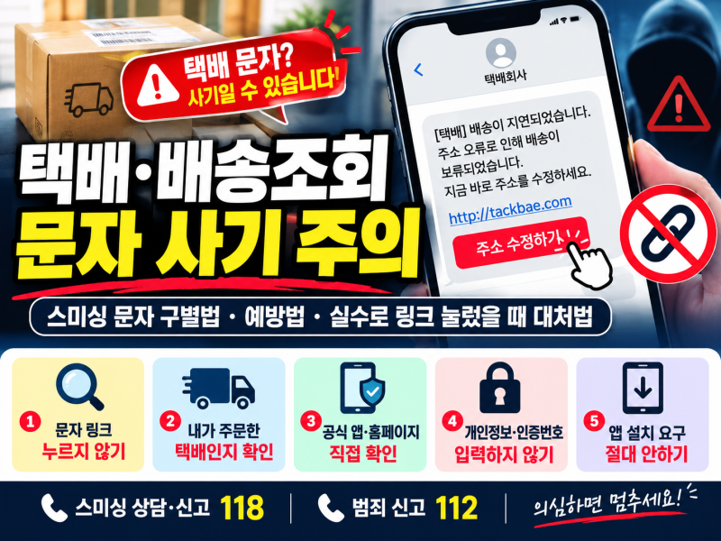 택배·배송조회 문자 사기 주의｜스미싱 문자 구별법·예방법·실수로 링크 눌렀을 때 대처법