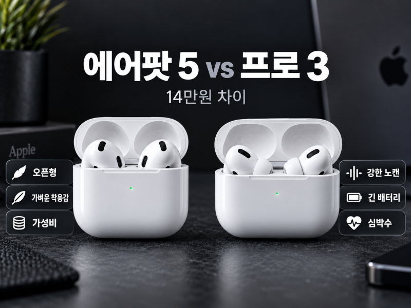 에어팟 5 vs 에어팟 프로 3 비교 - 14만 원 더 주고 프로 살까? 노캔·배터리·착용감 차이