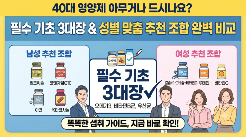 40대 필수 영양제 추천 조합 비교 가이드 (기초 3대장 vs 성별 맞춤 조합 & 복용 시간)
