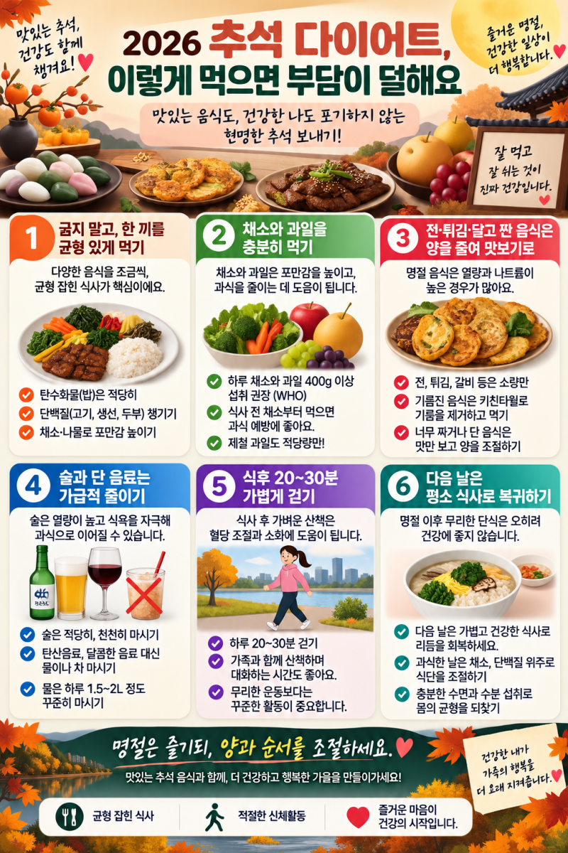 2026 추석 다이어트 방법｜송편·전·갈비 먹어도 살 덜 찌는 현실적인 명절 식사법