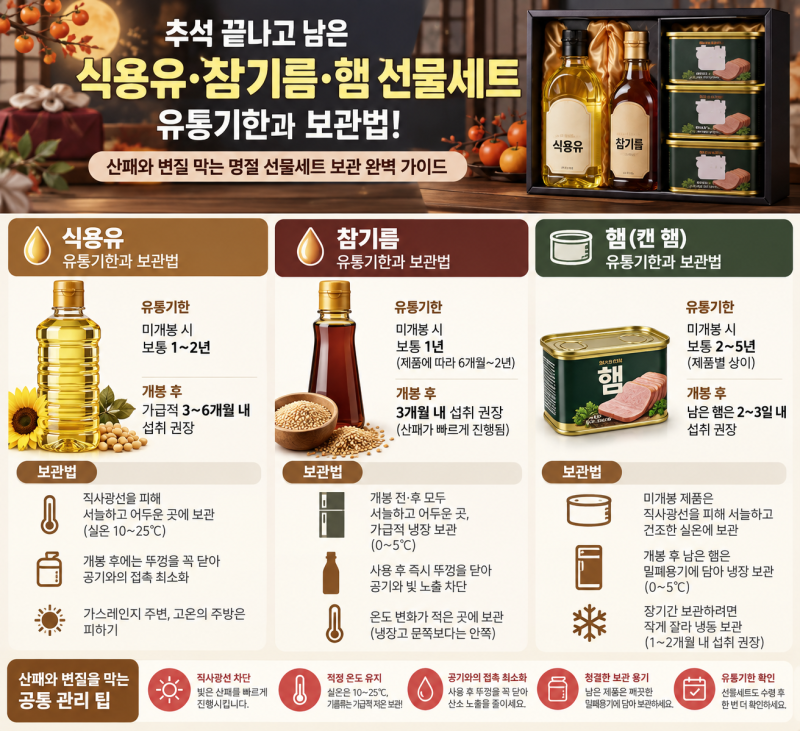 추석 끝나고 남은 식용유·참기름·햄 선물세트, 유통기한과 보관법! 산패와 변질 막는 명절 ....