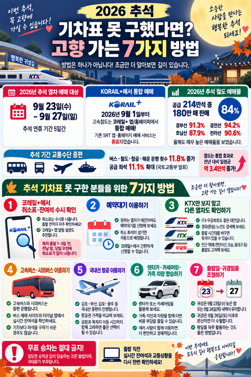 2026 추석 기차표 못 구했다면? KTX 취소표부터 버스·항공·렌터카까지 고향 가는 7가지 방법