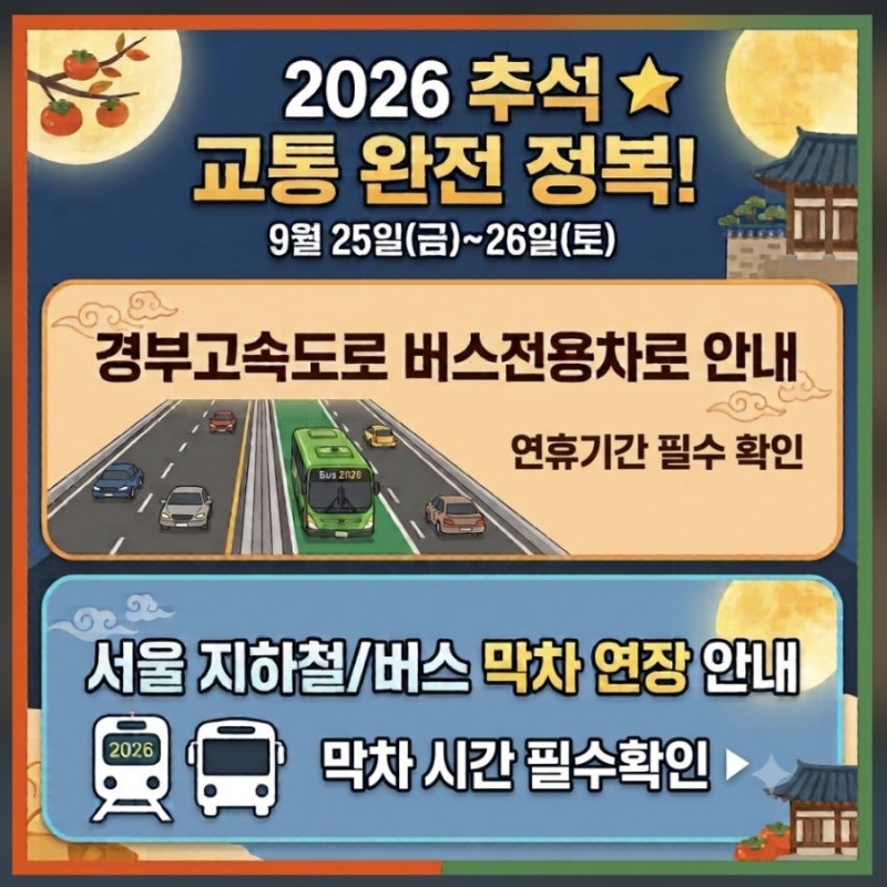 2026 추석 연휴 서울 교통대책 총정리 : 버스전용차로 단속시간 & 심야 막차시간 연장