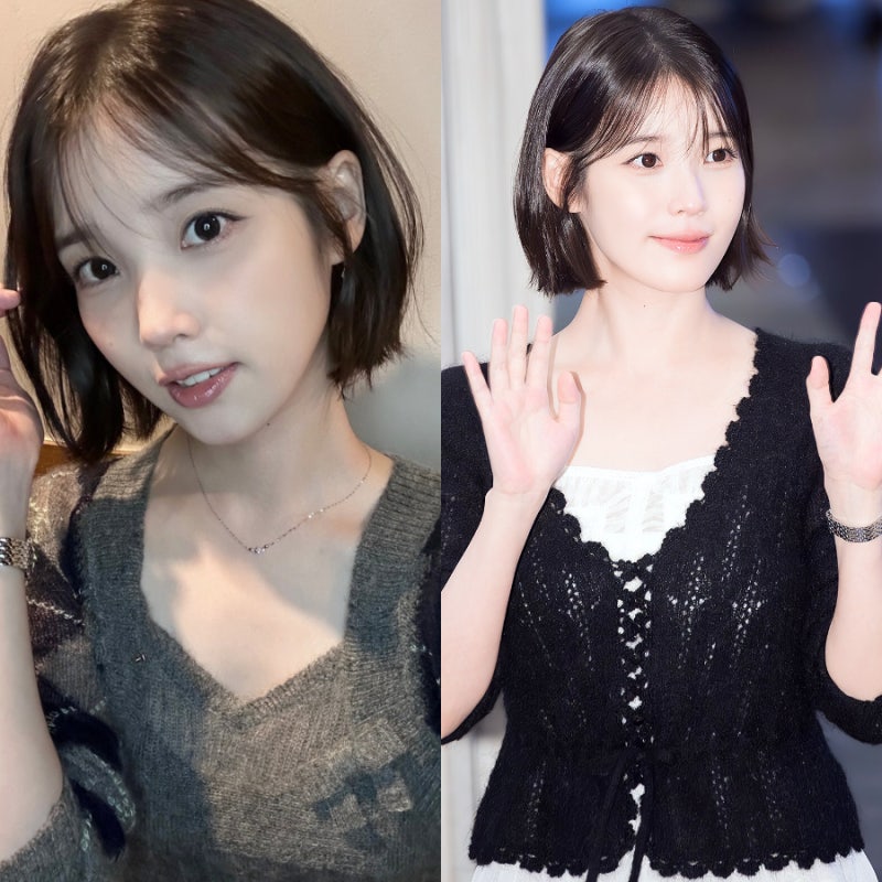 단발로 레전드 찍은 아이유 무대인사 니트, 가디건, 셔츠 정보