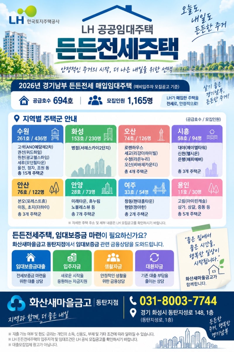 LH 든든전세주택 2026년 경기남부 모집공고｜수원,화성,오산,안양,시흥,안산,용인 ,병점,여주 ....