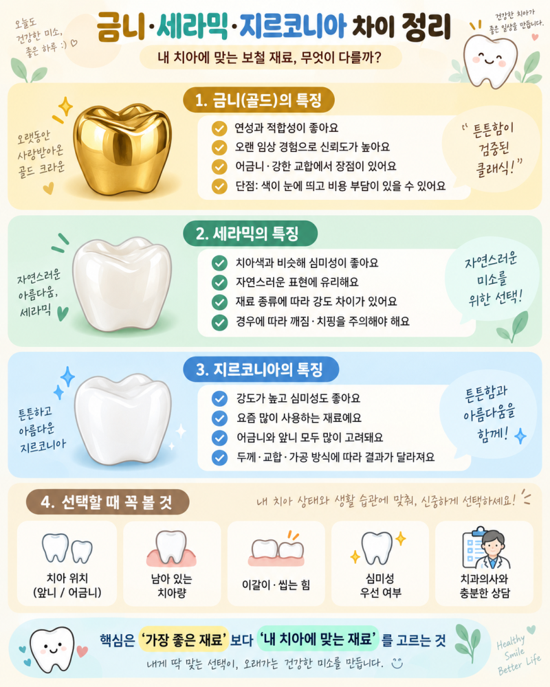 [치아·보철] 금니는 왜 아직도 사용할까?｜골드·세라믹·지르코니아 차이 정리