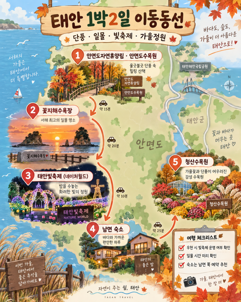 2026 태안 1박2일 여행코스 단풍부터 꽃지 일몰·태안빛축제까지