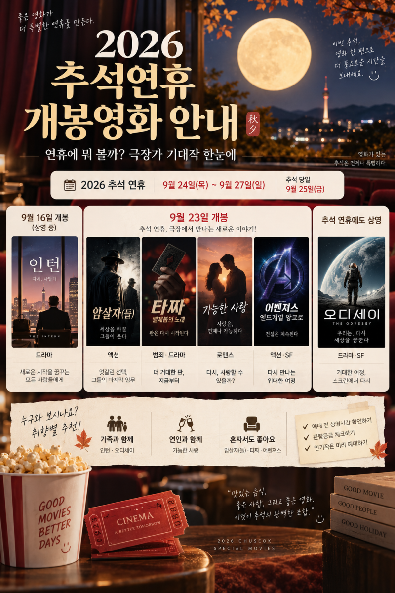2026 추석연휴 개봉영화 안내 | 인턴·암살자(들)·타짜·가능한 사랑·엔드게임·오디세이