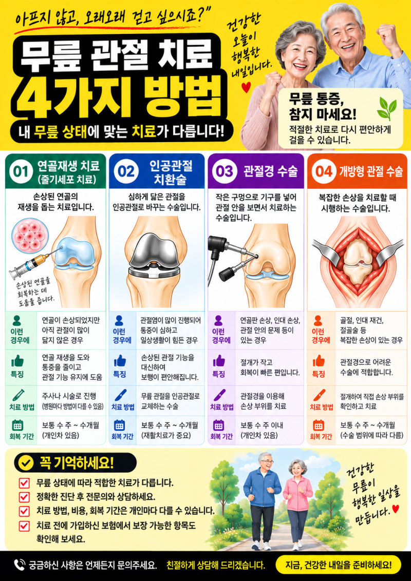 무릎 관절 치료 4가지 총정리｜줄기세포 치료부터 인공관절·관절경·개방형 수술까지