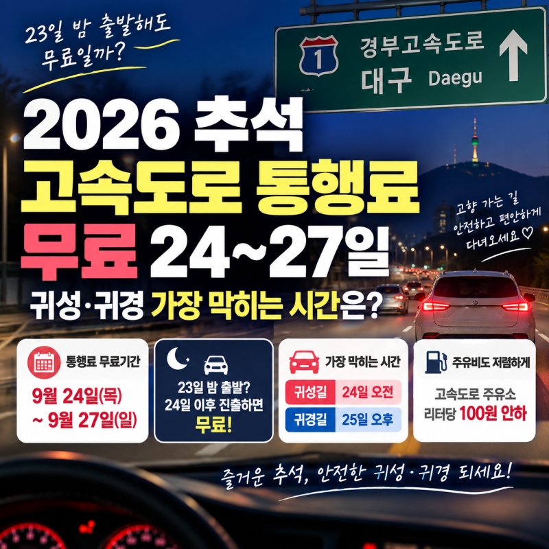 2026 추석 고속도로 통행료 무료 24~27일, 23일 밤 출발해도 무료일까?