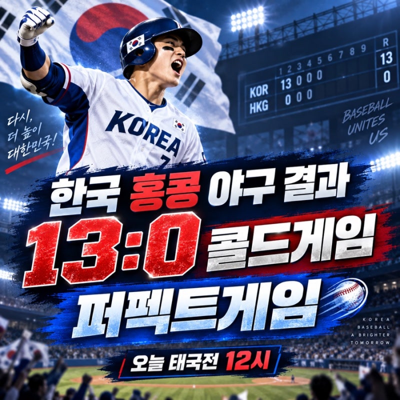 한국 홍콩 야구 결과 13 대 0 콜드게임, 퍼펙트게임 기록·다음 태국전 일정