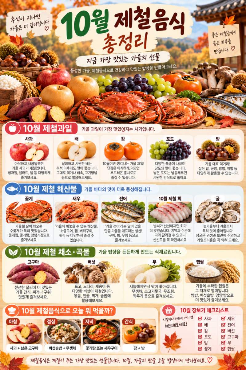 10월 제철음식 총정리｜추석 지나고 더 맛있어지는 가을 과일·해산물·채소