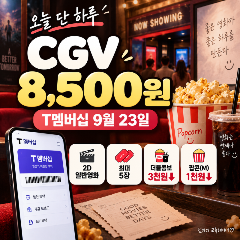 오늘 단 하루 CGV 8,500원｜T멤버십 9월 23일 영화 할인·팝콘 쿠폰 총정리