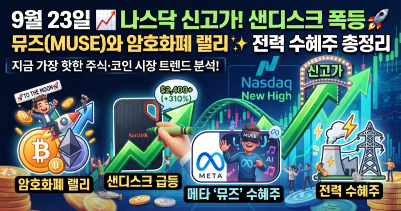 [미국증시] 9월 23일Ⅰ나스닥 신고가 속 샌디스크 2,400달러 급등! 메타 '뮤즈' 수혜주와 암호화....