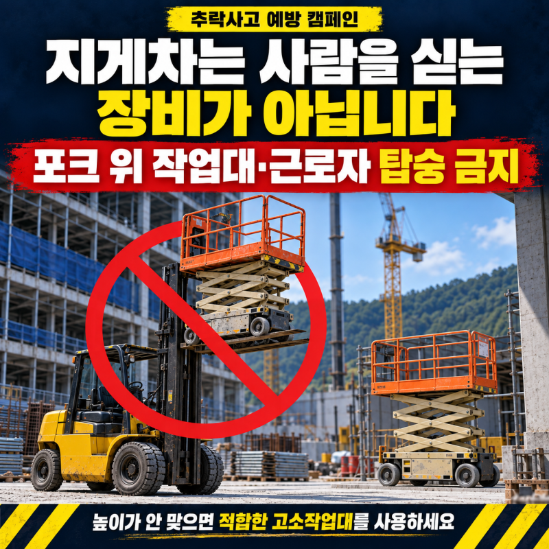 전등 교체하려고 지게차 포크에 탔다면, 아주 위험! 고소작업대 안전수칙