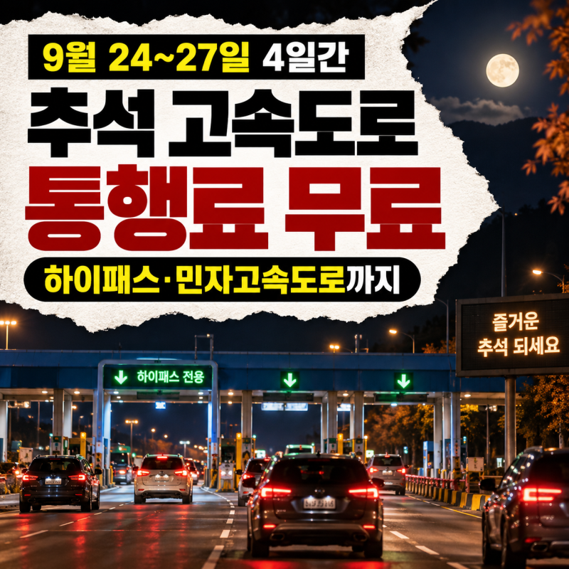 2026 추석 고속도로 통행료 무료·면제 기간, 무료시간 하이패스·민자고속도로까지