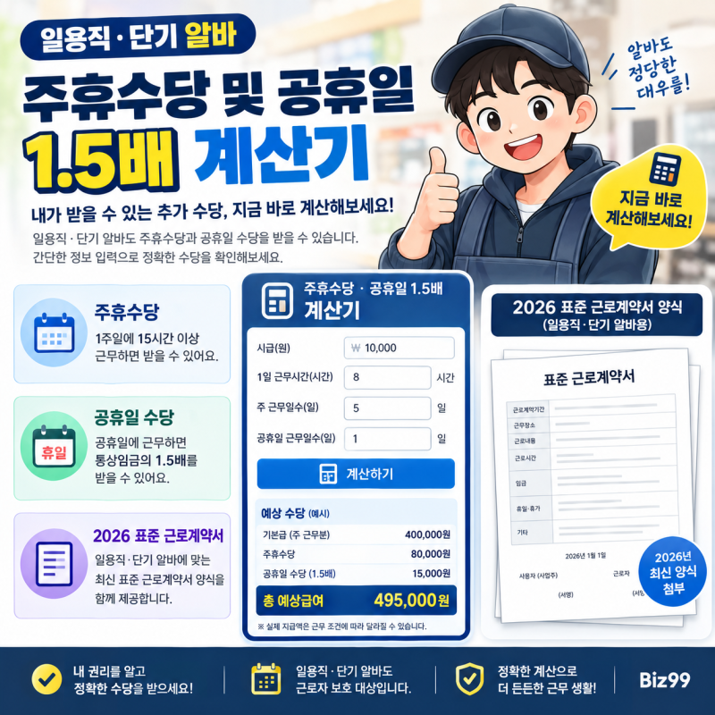일용직·단기 알바 주휴수당 및 공휴일 1.5배 계산기 (2026 표준 근로계약서 양식 첨부)