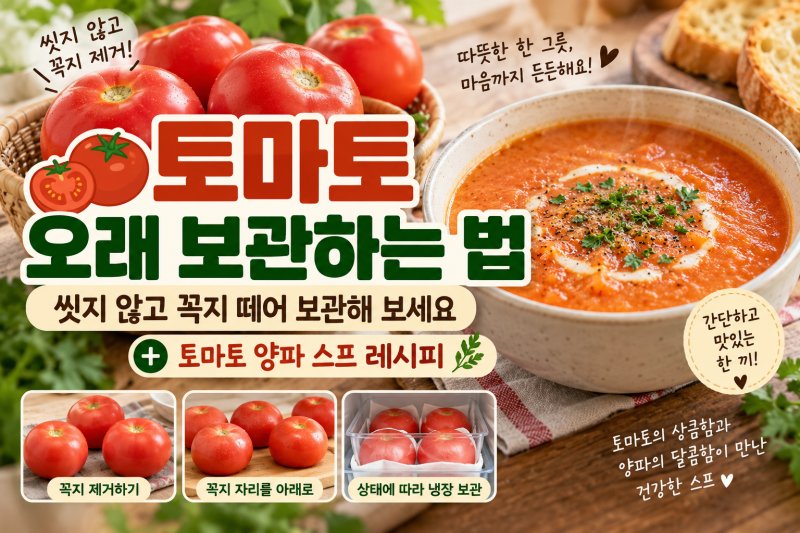 토마토 오래 보관하는 법, 씻지 않고 꼭지 떼어 보관해 보세요｜토마토 양파 스프 레시피