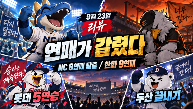 NC 8연패 탈출, 선두 KT 잡았다…롯데 5연승·안재석 끝내기 [9월 23일 KBO 리뷰]