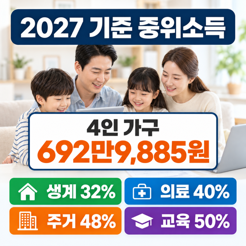 2027 기준 중위소득표｜1~6인 가구 생계·의료·주거·교육급여 기준