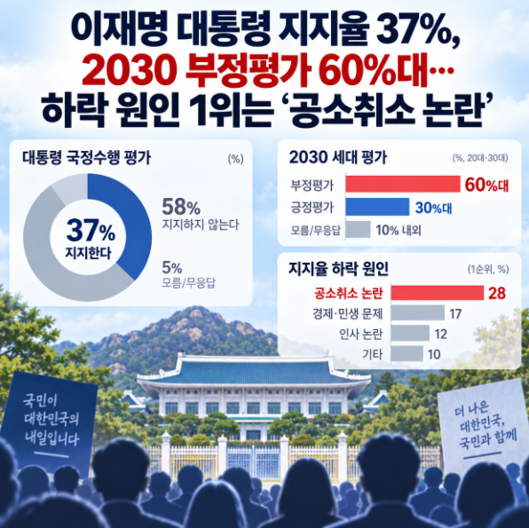 이재명 대통령 지지율 37%, 2030 부정평가 60%대…하락 원인 1위는 ‘공소취소 논란’