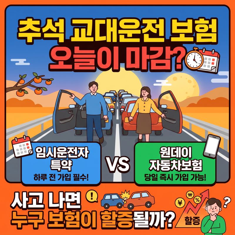 추석 교대운전 보험 오늘이 마감? 임시운전자 특약 vs 원데이 자동차보험, 사고 나면 누구 보....