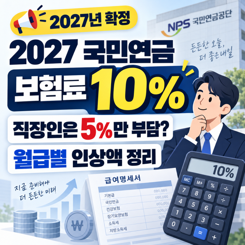 2027 국민연금 보험료 10% 확정, 직장인은 5%만 부담? 월급별 인상액 정리