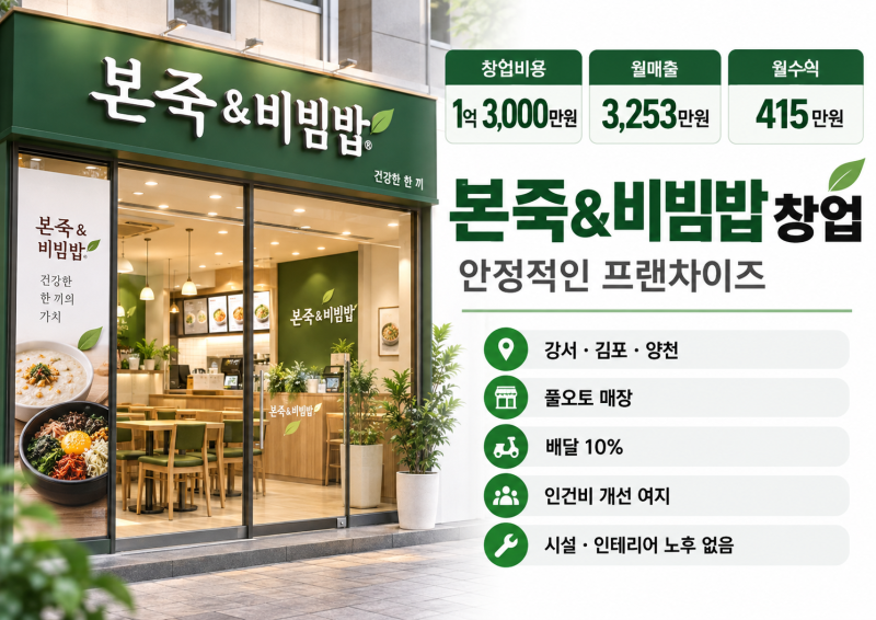 본죽 양도양수 창업 추천 매물 / 저렴한 인수비용 / 강서,양천,김포에서 안정적인 한식 프랜....
