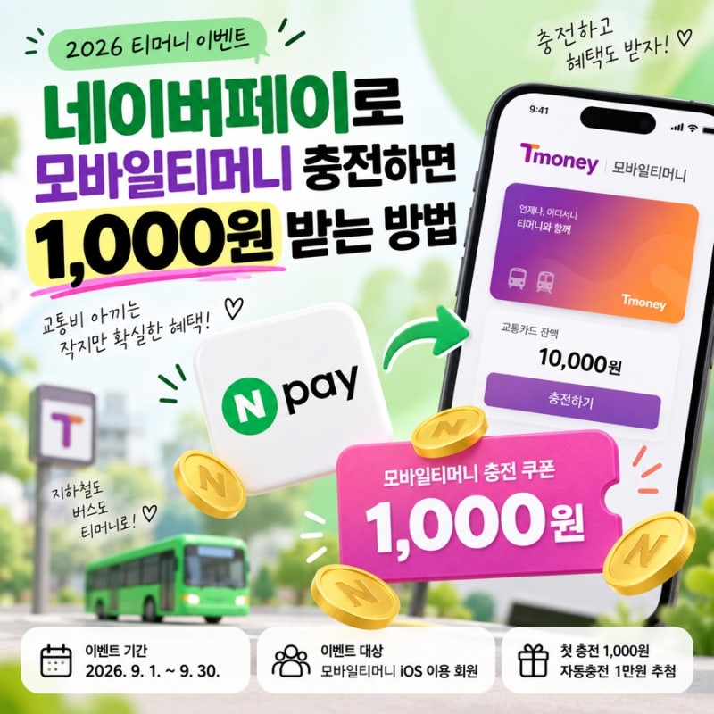 네이버페이로 모바일티머니 충전하면 1,000원 받는 방법｜2026 티머니 이벤트