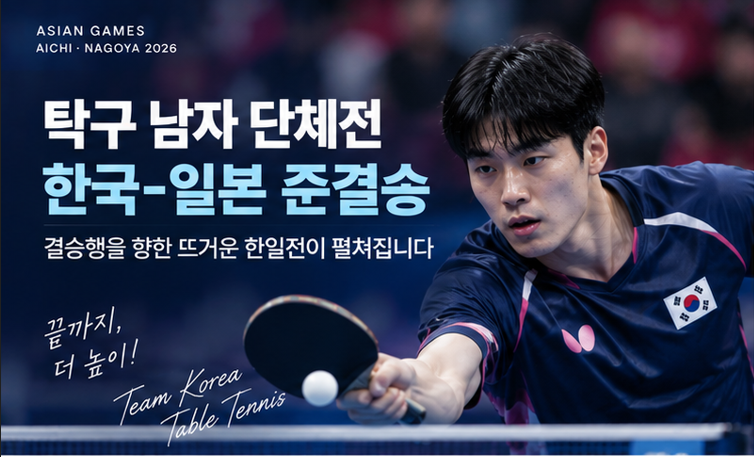 탁구 남자 한국-일본 준결승, 장우진·오준성·안재현 한일전 출격…결승행 놓고 격돌