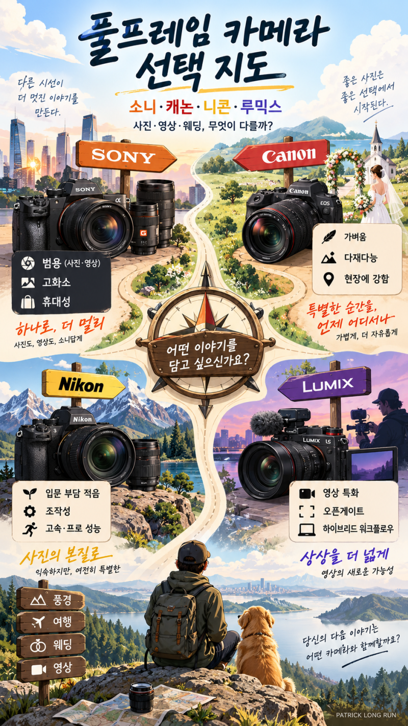 풀프레임 카메라 선택 지도: 소니·캐논·니콘·루믹스, 사진·영상·웨딩은 무엇이 다를까?