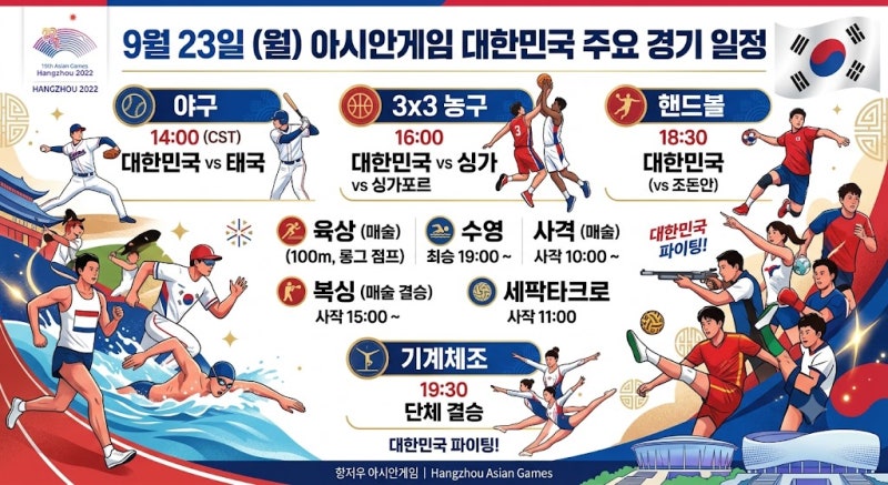 9월 23일 아시안게임 경기일정 한국 주요 경기 총정리