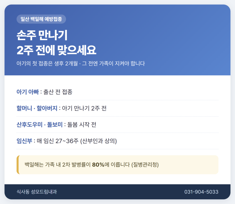 일산 백일해 예방접종, 손주 만나기 2주 전에 맞으세요 (파상풍까지 한 번에, 식사동 성모드....