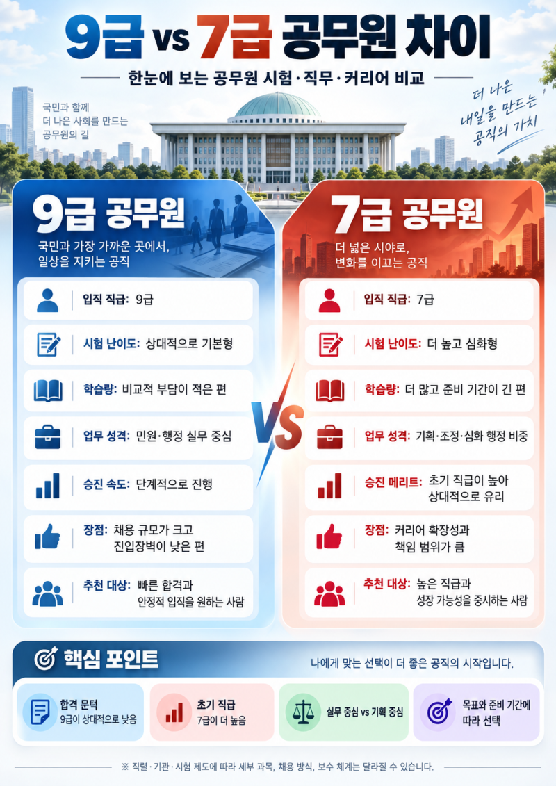9급 vs 7급 공무원 차이 총정리｜시험·난이도·월급·승진·하는 일
