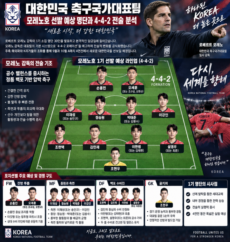 대한민국 축구국가대표팀 모레노호 선발 예상 명단과 4-4-2 전술 분석