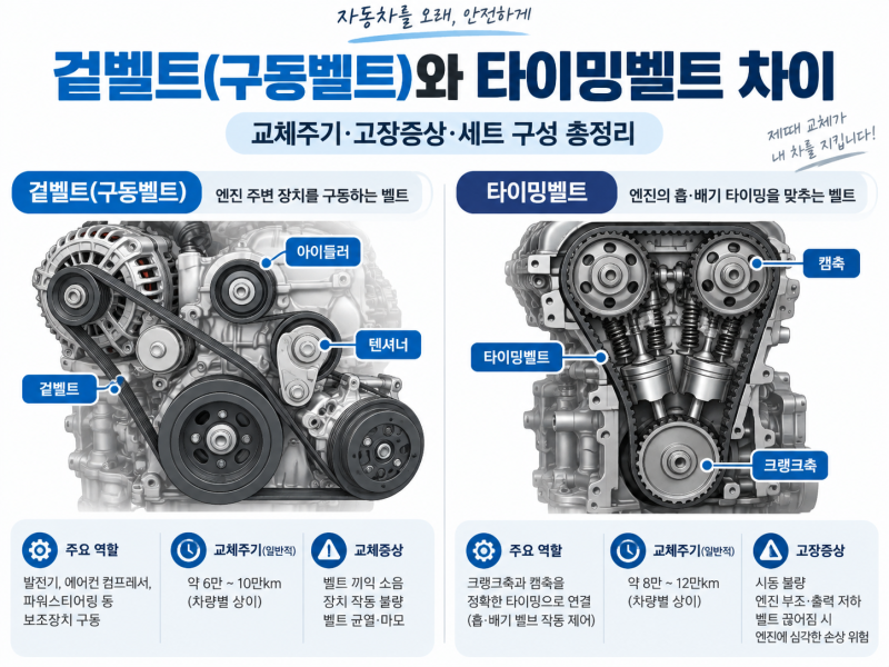 겉벨트(구동벨트)와 타이밍벨트 차이｜교체주기·고장증상·세트 구성 총정리