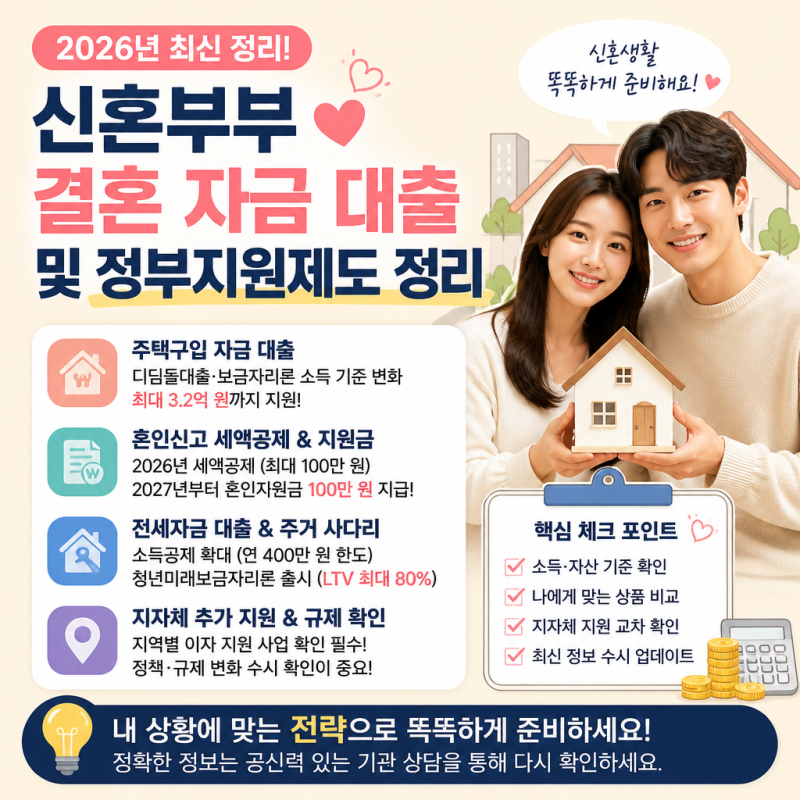 2026년 신혼부부 결혼 자금 대출 및 정부지원제도 정리