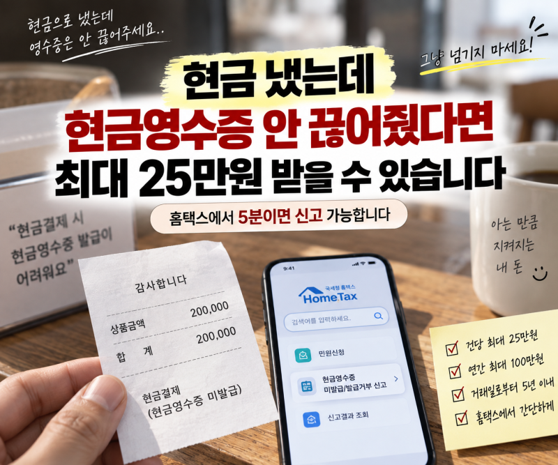 현금 냈는데 현금영수증 안 끊어줬다면, 홈택스 신고하면 포상금 최대 25만원