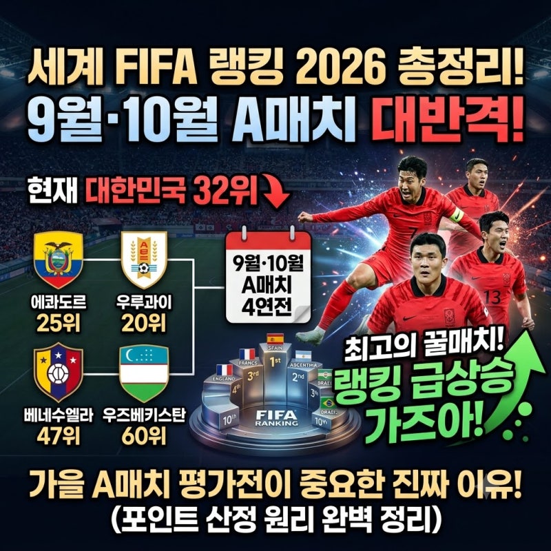 세계 피파 랭킹 순위 2026 총정리! 9월 10월 A매치 평가전이 중요한 이유! 한국 에콰도르 우루과....