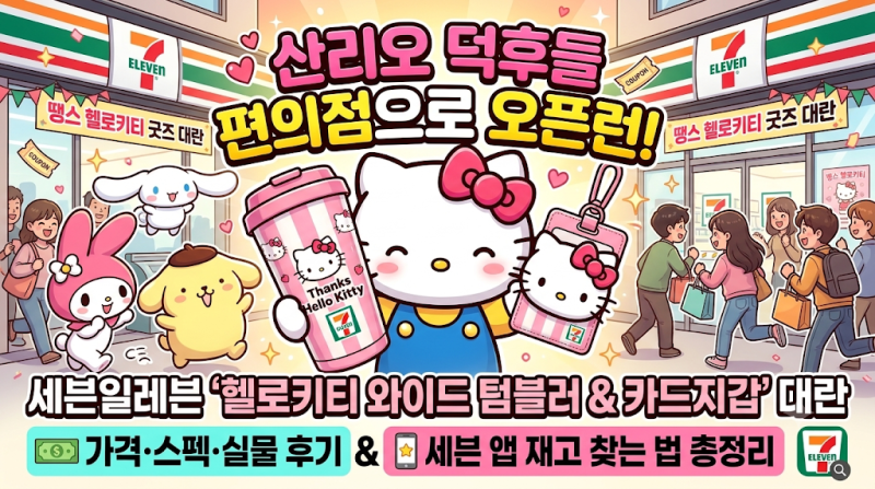 "산리오 덕후들 편의점으로 오픈런!" 세븐일레븐 '땡스 헬로키티 와이드 텀블러 & 마그네틱 ....