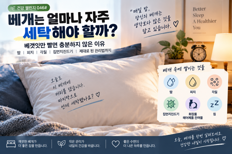 건강 챌린지 046# 베개는 얼마나 자주 세탁해야 할까?｜베갯잇만 빨면 충분하지 않은 이유