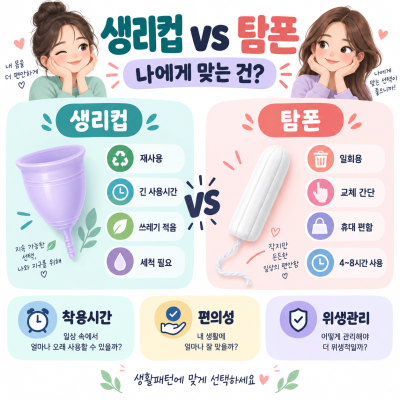 생리컵 vs 탐폰｜착용시간·편의성·누수·위생·TSS 차이 총정리