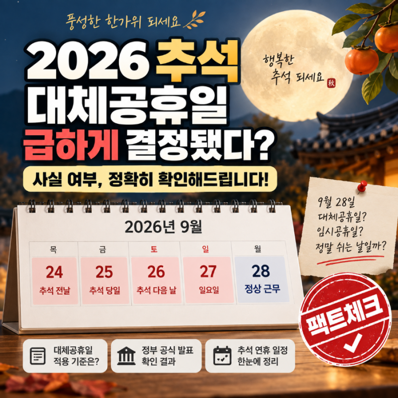 2026추석대체공휴일 긴급결정?9월28일월요일 쉬는날인지펙트체크