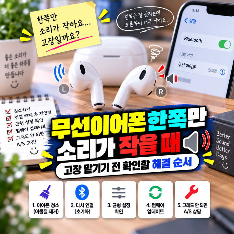 무선이어폰 한쪽만 소리가 작을 때｜고장 맡기기 전 확인할 해결 순서