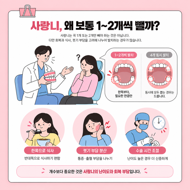 사랑니 한번에 2개 발치도 하는데 왜 4개를 한번에 발치하지 않는걸까?