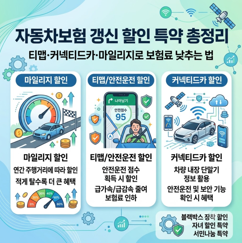 자동차보험 갱신 할인 특약 총정리: 티맵·커넥티드카·마일리지로 보험료 낮추는 법
