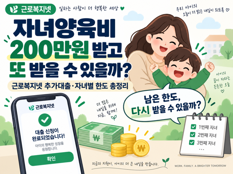 근로복지넷 자녀양육비 200만원 받고 또 대출받을 수 있을까? 추가대출·자녀별 한도 총정리